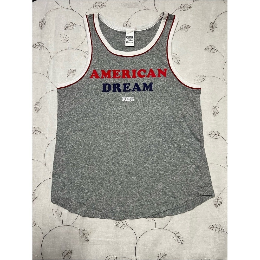 PINK Victoria's Secret American Dream Gray Tank Top Red Navy Trim Large